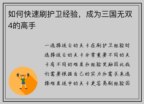 如何快速刷护卫经验，成为三国无双4的高手