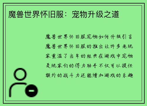 魔兽世界怀旧服：宠物升级之道